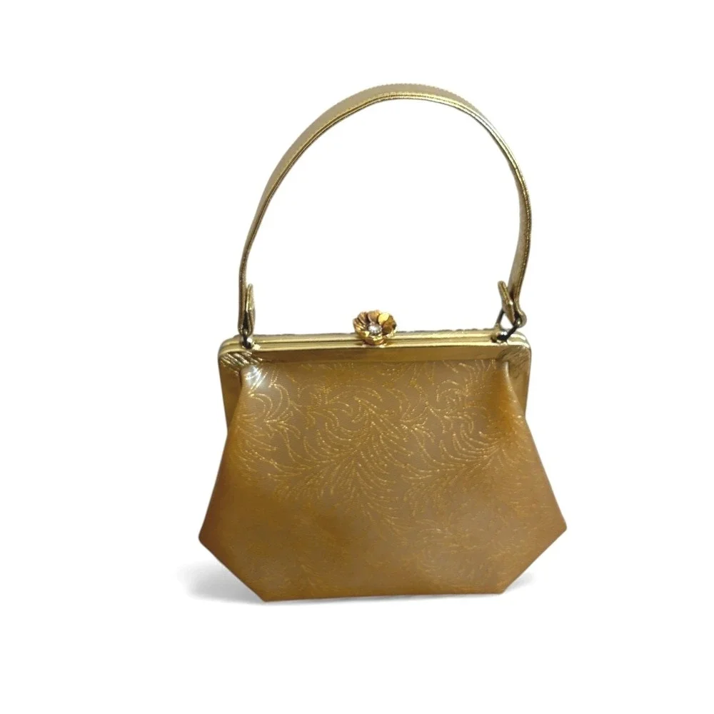 Vintage Gold Plastic Evening Satchel Clutch Handbag with‎ Ornate Clasp